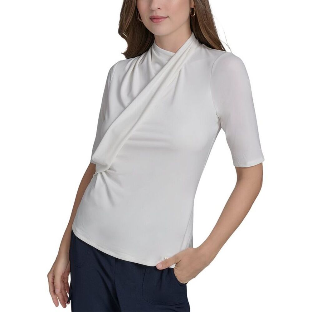 Halston Womens Drape Front Jersey Top, White